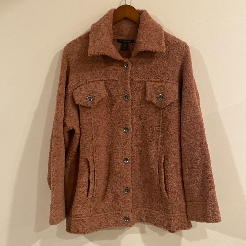 Tahari Sherpa Fuzzy Brown Copper Button Cardigan Size 1X Cottagecore, Comfy